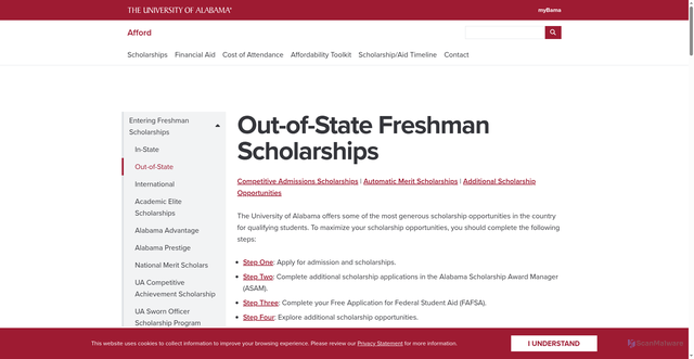 Security scan screenshot of https://afford.ua.edu/scholarships/out-of-state-freshman/