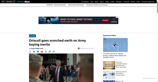 Security scan screenshot of https://www.defensenews.com/land/2025/10/13/driscoll-goes-scorched-earth-on-army-buying-inertia/