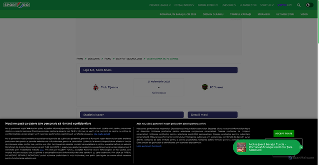 Security scan screenshot of https://www.sport.ro/fotbal/meci/club-tijuana-vs-fc-juarez/MTk1ODky