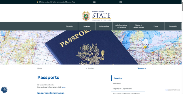 Security scan screenshot of https://www.statedepartment.pr.gov/passports