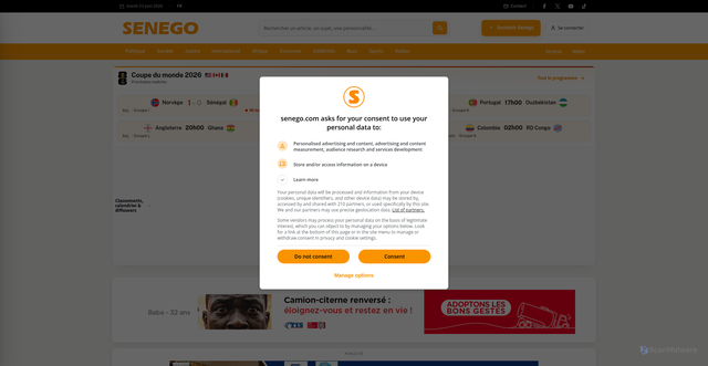 Security scan screenshot of https://senego.com/mot/senegal-norvege
