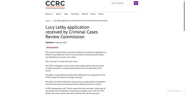 Security scan screenshot of https://ccrc.gov.uk/news/lucy-letby-application-received-by-criminal-cases-review-commission/