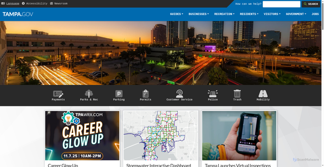 Security scan screenshot of https://www.tampa.gov/?utm_source=direct&utm_medium=alias&utm_campaign=tampaflgov