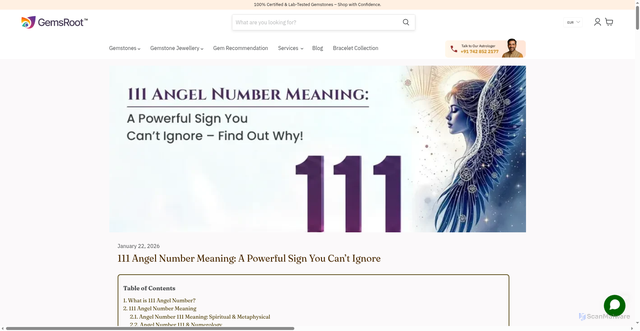 Security scan screenshot of https://www.gemsroot.com/blogs/guide/111-angel-number-meaning?srsltid=AfmBOor1KkQCT2tOHSppkZlog307pqT28w-CxIiFSX_92riwf3HlFwQu