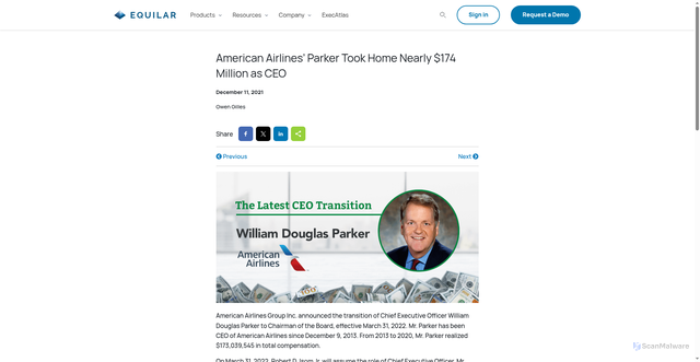 Security scan screenshot of https://www.equilar.com/american-airlines-parker-took-home-nearly-174-million-as-ceo/