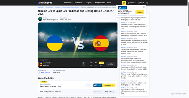 Security scan screenshot of https://ratingbet.com/predictions/ukraine-u20-vs-spain-u20-prediction-and-betting-tips-on-october-7-2025/