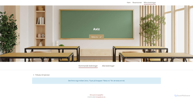 Security scan screenshot of https://axiz.simplybook.it/v2/#client/bookings/type/upcoming