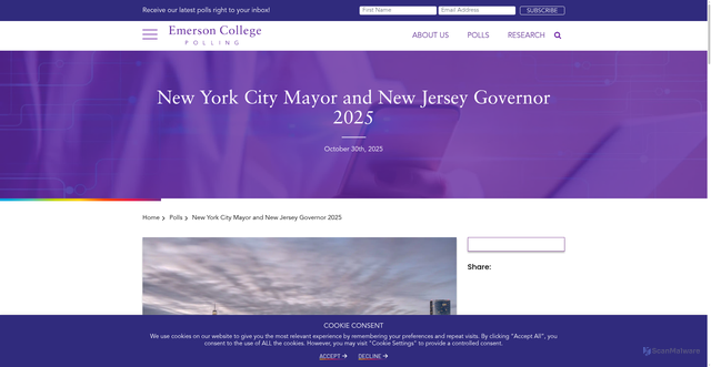 Security scan screenshot of https://emersoncollegepolling.com/new-york-city-mayor-and-new-jersey-governor-2025/