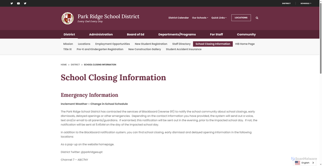 Security scan screenshot of https://www.parkridgeschools.org/district1/school-closing-information