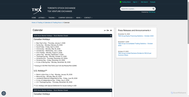 Security scan screenshot of https://www.tsx.com/en/trading/calendars-and-trading-hours/calendar