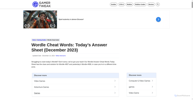Security scan screenshot of https://gamertweak.com/wordle-answers/
