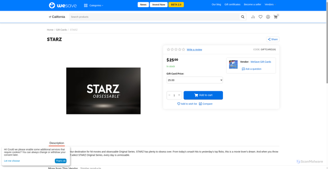 Security scan screenshot of https://www.wesave.com/gift-cards/starz/
