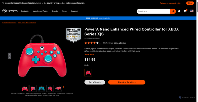 Security scan screenshot of https://www.powera.com/p/nano-mini-controllers/xbox/nano-enhanced-wired-controller-for-xbox/?srsltid=AU7gw4V2kORUxYhdDZ6Ic5oPlFAMoZcH07rUA5UO72RGgkcCh38Jv00S