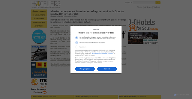 Security scan screenshot of https://www.4hoteliers.com/news/story/25854