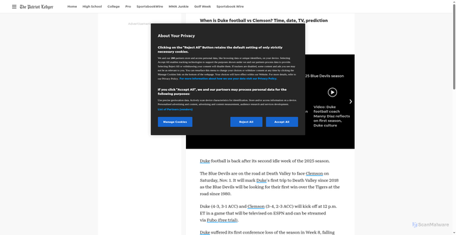 Security scan screenshot of https://www.patriotledger.com/story/sports/college/football/2025/10/29/duke-football-vs-clemson-game-time-prediction-tv-channel/86856010007/