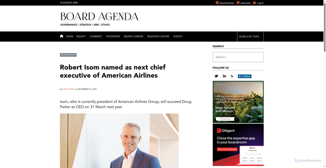 Security scan screenshot of https://boardagenda.com/2021/12/16/robert-isom-named-as-next-chief-executive-of-american-airlines/