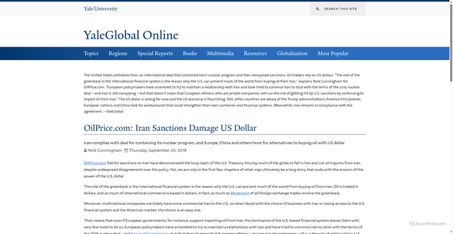 Security scan screenshot of https://archive-yaleglobal.yale.edu/content/oilpricecom-iran-sanctions-damage-us-dollar