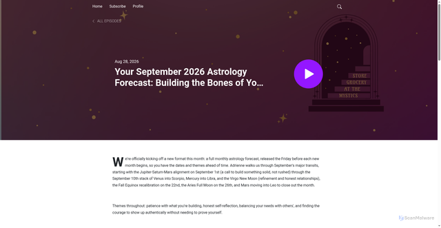 Security scan screenshot of https://mysticsatthegrocerystore.podbean.com/e/your-september-2026-astrology-forecast-building-the-bones-of-your-dreams/