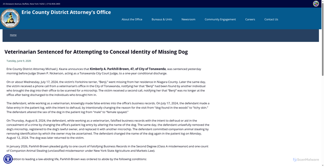 Security scan screenshot of https://www4.erie.gov/da/press/veterinarian-sentenced-attempting-conceal-identity-missing-dog