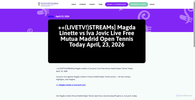 Security scan screenshot of https://fundraise.mentalhealth.org.nz/ohttvs/posts/livetvstreams-magda-linette-vs-iva-jovic-live-free-mutua-madrid-open-tennis-today-april-23-2026