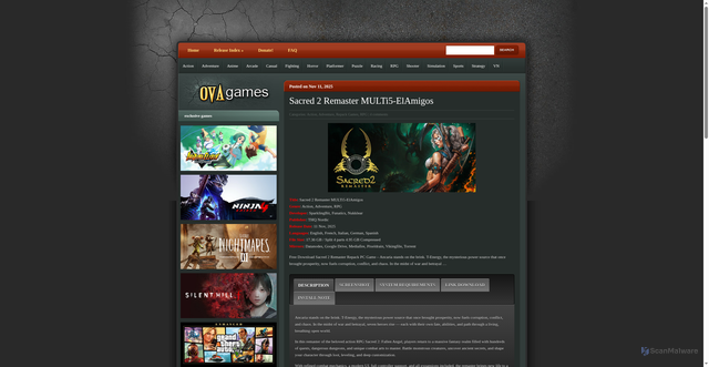 Security scan screenshot of https://www.ovagames.com/sacred-2-remaster-multi5-elamigos.html