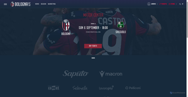 Security scan screenshot of https://www.bolognafc.it/en/match/bologna-vs-sassuolo-8/