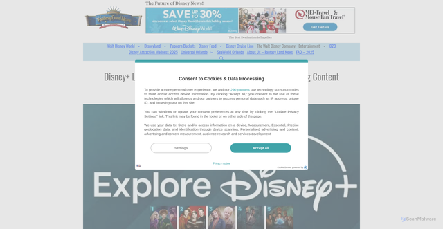 Security scan screenshot of https://www.fantasylandnews.com/2025/10/14/disney-launches-explore-disney-site-a-guide-to-streaming-content/