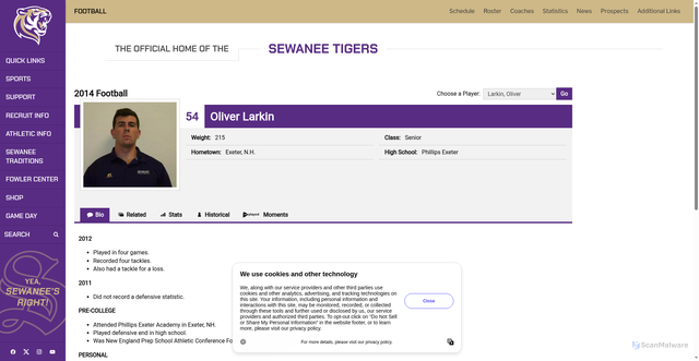 Security scan screenshot of https://sewaneetigers.com/sports/football/roster/oliver-larkin/1271