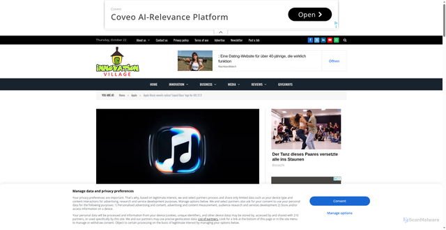 Security scan screenshot of https://innovation-village.com/apple-music-unveils-radical-liquid-glass-logo-for-ios-27-2/