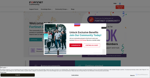 Security scan screenshot of https://community.fortinet.com