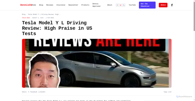 Security scan screenshot of https://www.denniscw.com/blog/tesla-model-y-l-driving-review-first-impressions