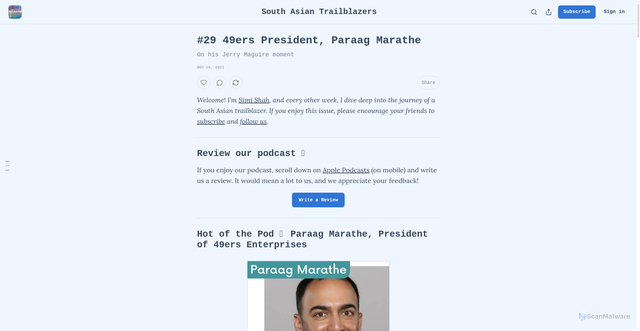 Security scan screenshot of https://trailblazers.substack.com/p/49ers-president-paraag-marathe