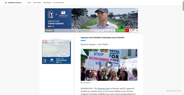 Security scan screenshot of https://www.farmersadvance.com/story/news/2026/04/28/supreme-court-divided-on-roundup-cancer-lawsuits/89836426007/