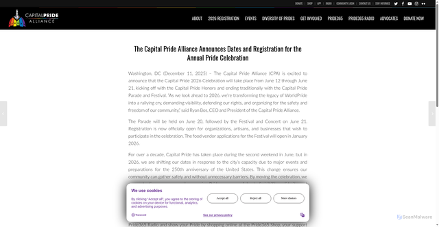 Security scan screenshot of https://www.capitalpride.org/the-capital-pride-alliance-announces-dates-and-registration-for-the-annual-pride-celebration/