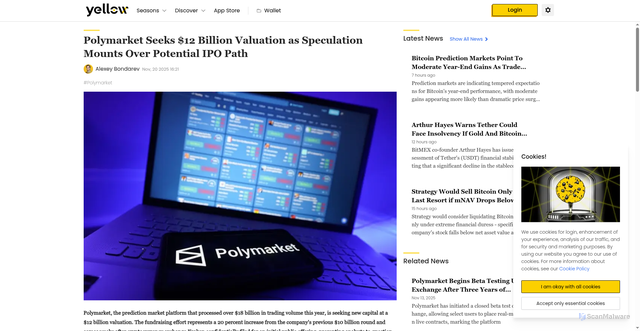 Security scan screenshot of https://yellow.com/news/polymarket-seeks-dollar12-billion-valuation-as-speculation-mounts-over-potential-ipo-path