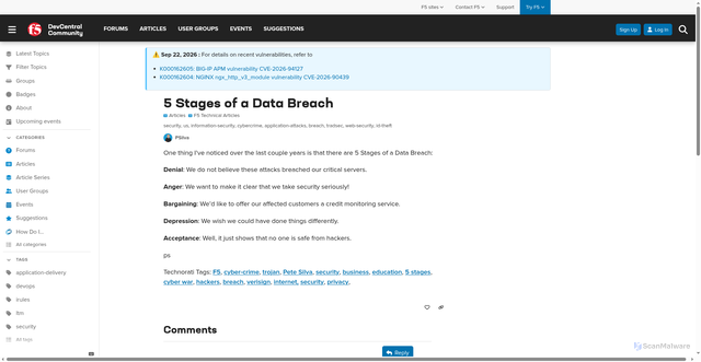 Security scan screenshot of https://community.f5.com/t/5-stages-of-a-data-breach/65998