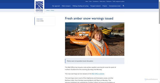 Security scan screenshot of https://www.transport.gov.scot/news/fresh-amber-snow-warnings-issued/
