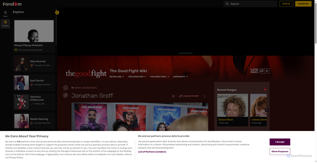 Security scan screenshot of https://thegoodwife.fandom.com/wiki/Jonathan_Groff