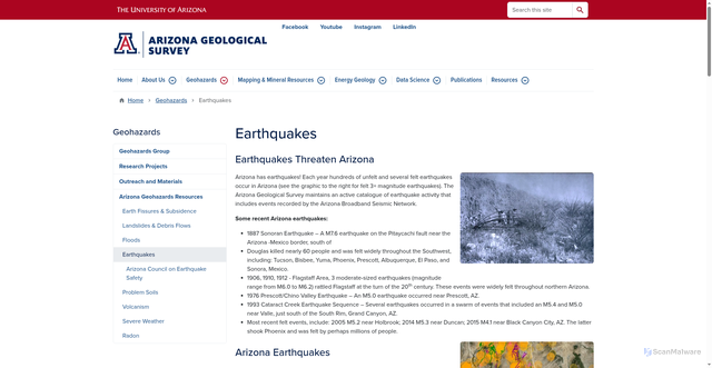 Security scan screenshot of https://azgs.arizona.edu/geohazards/earthquakes