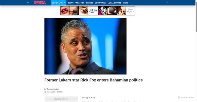 Security scan screenshot of https://whbl.com/2025/11/24/former-lakers-star-rick-fox-enters-bahamian-politics/