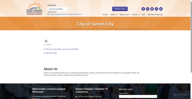 Security scan screenshot of https://business.solanohcc.com/list/member/city-of-suisun-city-358