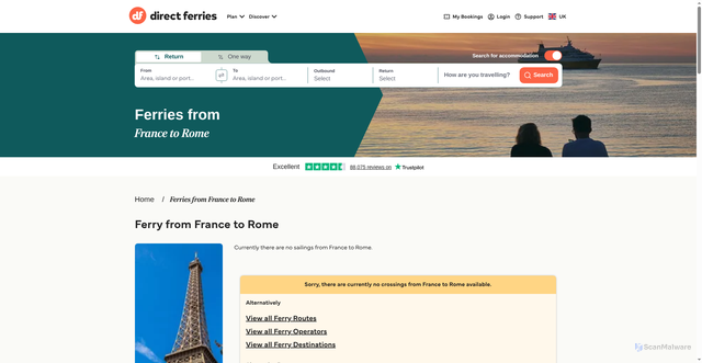Security scan screenshot of https://www.directferries.co.uk/ferries_from_france_to_rome.htm