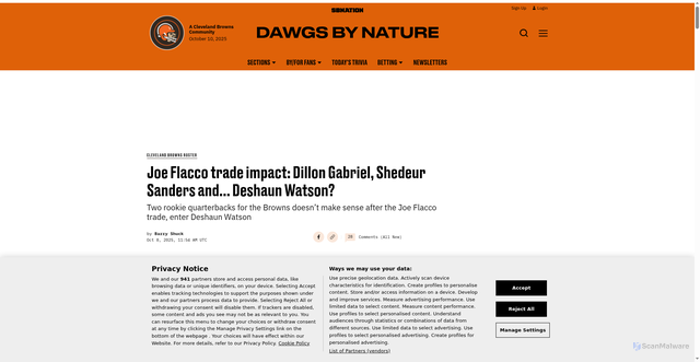 Security scan screenshot of https://www.dawgsbynature.com/cleveland-browns-roster-players/105990/joe-flacco-trade-dillon-gabriel-shedeur-sanders-deshaun-watson