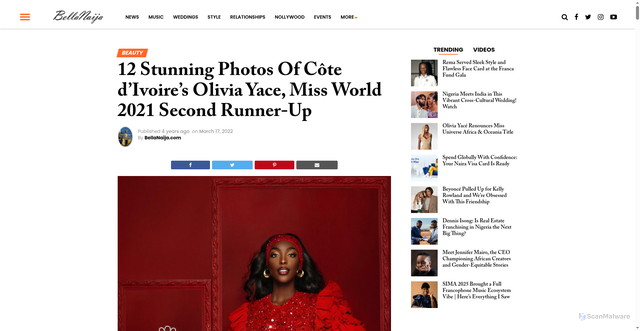 Security scan screenshot of https://www.bellanaija.com/2022/03/olivia-yace-miss-world-2021/