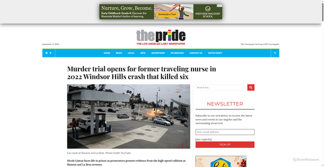 Security scan screenshot of https://thepridela.com/2026/09/windsor-hills-crash-trial-begins-for-former-nurse-nicole-linton/