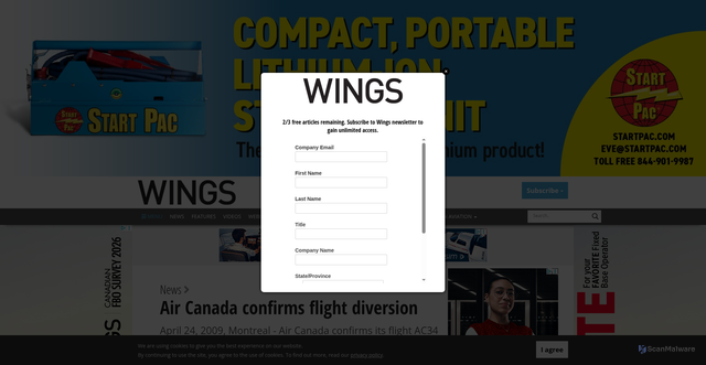 Security scan screenshot of https://www.wingsmagazine.com/air-canada-confirms-flight-diversion-2773/