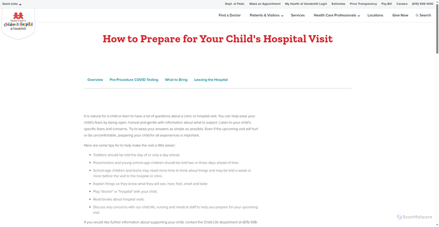 Security scan screenshot of https://www.childrenshospitalvanderbilt.org/information/how-prepare-your-childs-hospital-visit