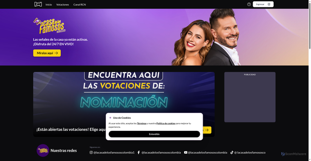 Security scan screenshot of https://lacasadelosfamososcolombia.canalrcn.com/