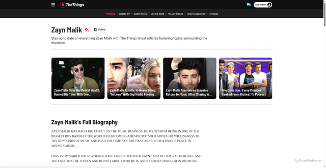Security scan screenshot of https://www.thethings.com/musician/zayn-malik/