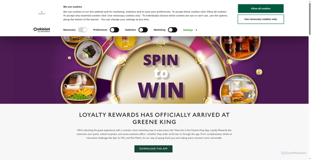 Security scan screenshot of https://www.greeneking.co.uk/loyalty?td_id=22f8501baf30b3bf9d0a3470fb6c334286c43d0f92e3eb2d8a902009f6742c23&utm_source=braze&utm_medium=email&utm_campaign=ht_2601_bau-email_core_noandlow-carverypubfinder-whatson-email_sla&utm_keyword=email&utm_content=image_spin-to-win&_branch_match_id=1534189483608173798&_branch_referrer=H4sIAAAAAAAAAy3MvW7DIBRA4bfx5piA459KKEOHzu3SEV3gEiMbsK6hTjr02atYWT8dnSnndXtrmp6XuZxgXU%2BLj3OTLwj3j%2Fvn17e%2BlhyUgbCCv0U5ZcU7dlYaSo0B%2FKJMIlQxQbRL2msD9IP0WIt2Plqkep8gbym%2B4m2B6vkLaH0J8sAqW%2BWt5NwNF3bW4ATTQrvRMhBtz5zujBAtHzrTCsvcyFGg5naAkXHGRtf1LTdcHN8ZH3si%2Bxo%2FZUuFDEpN8IsHmBQzxix9gBuqbfWxzqnefaz%2BCB0S%2BXhTmtK%2BIcn3iVLAfyhYomMlAQAA